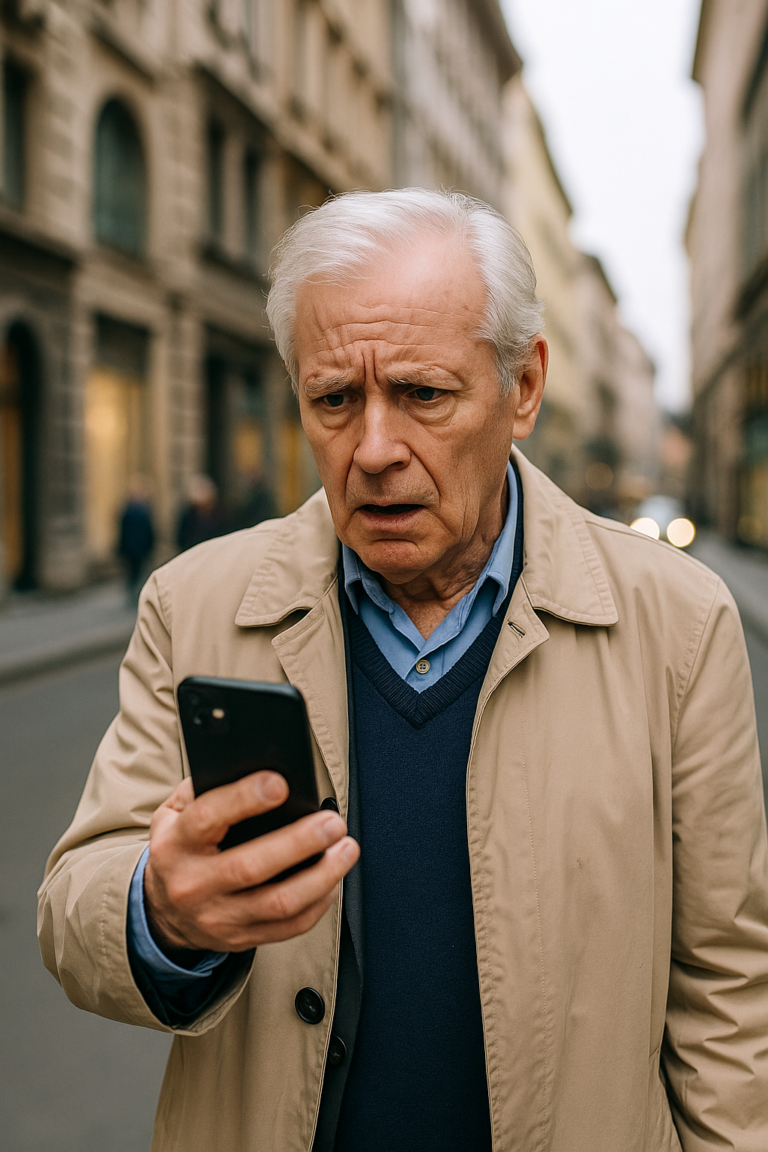 Uomo sorpreso dalla tecnologia in città